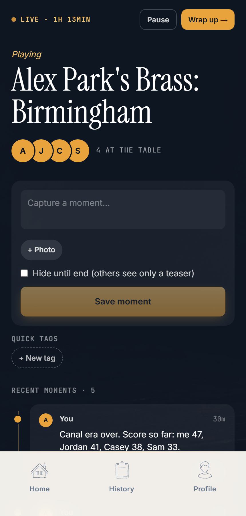 AfterTable Live Capture screen during a session, showing the dark composer with photo, capture button, and recent moments feed.