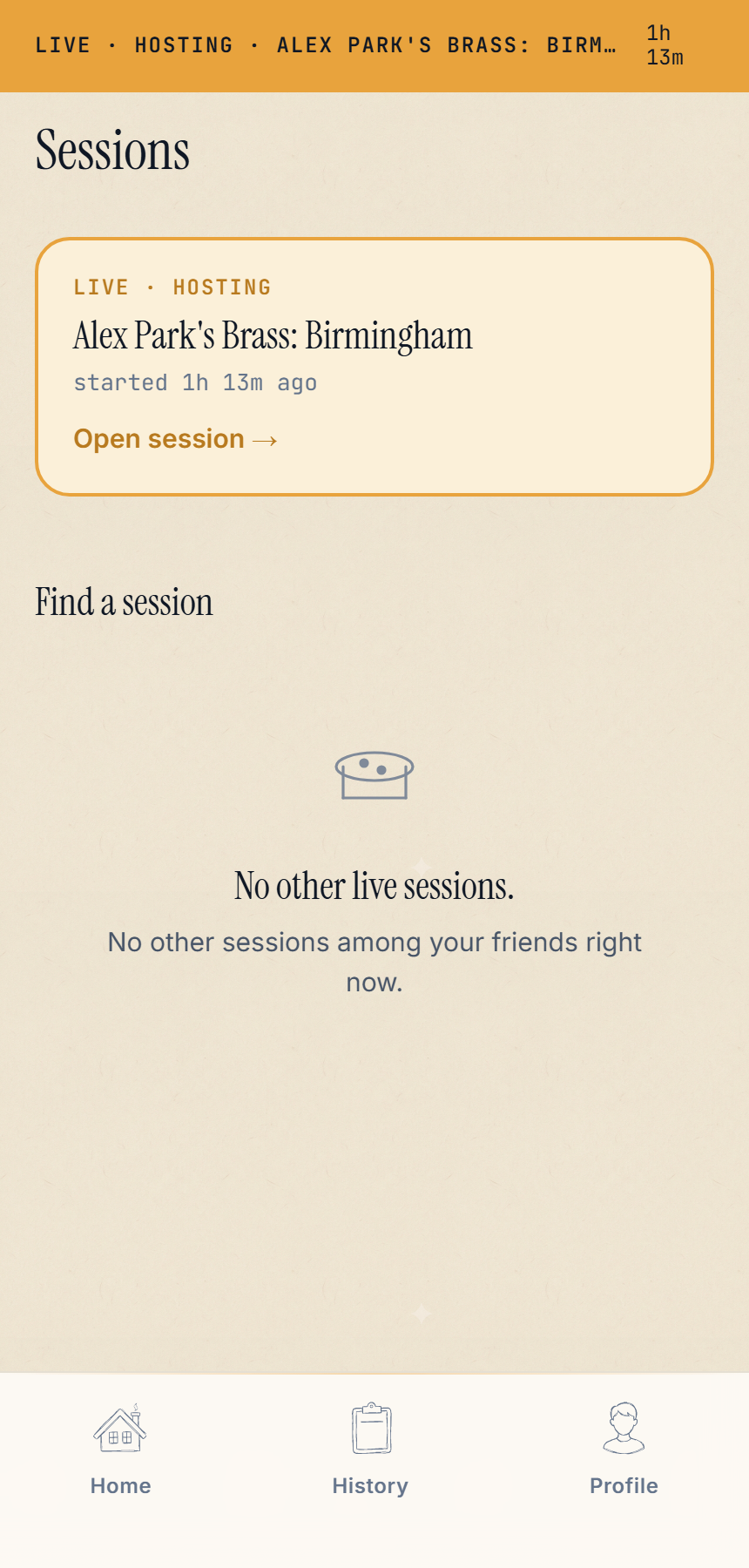 AfterTable Sessions screen with hosted live sessions on top and friends' open sessions below.