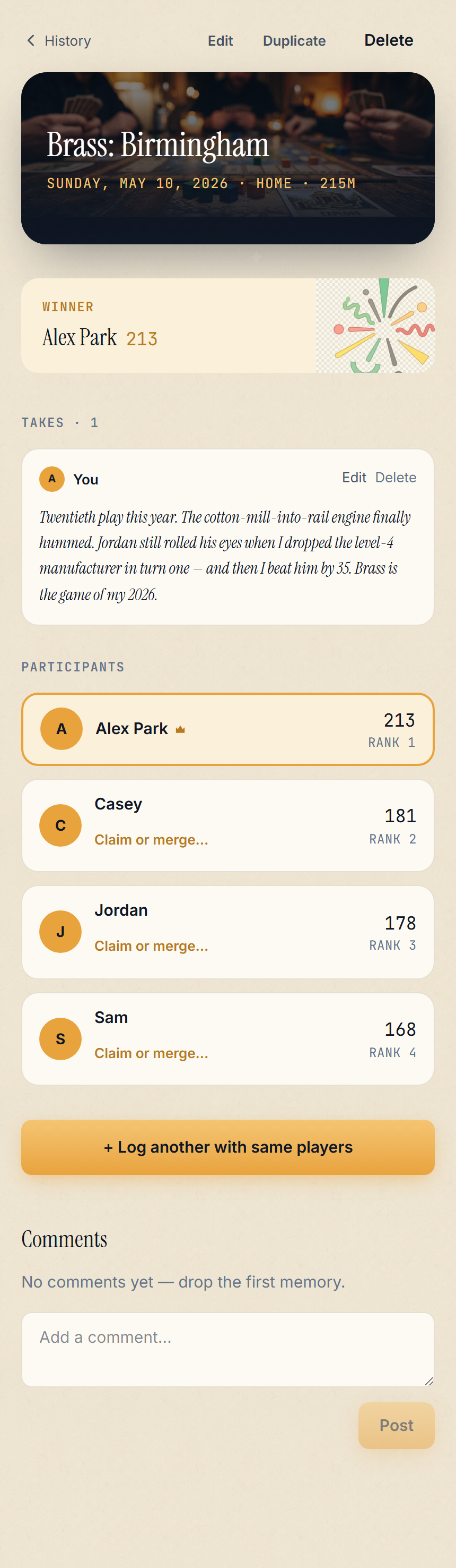 AfterTable Play Detail screen showing the cream take card rendered in serif type above the participant table.