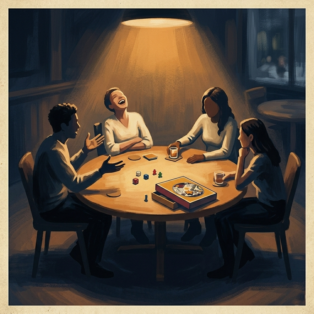 Friends around a board game by lamplight